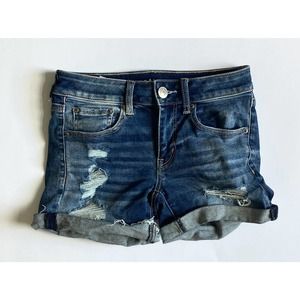 American Eagle Rolled Midi Denim Shorts Blue Medium Wash Size 2